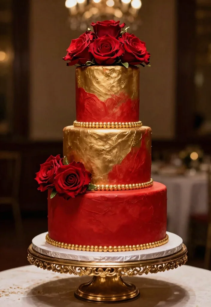 14 Stunning Floral Wedding Cakes That Will Bloom on Your Special Day! - 10. Bold Red and Gold Cake 1