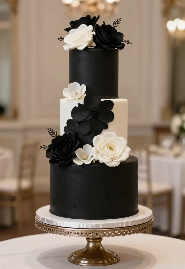 14 Stunning Floral Wedding Cakes That Will Bloom on Your Special Day! - 13. Elegant Black and White Cake 1