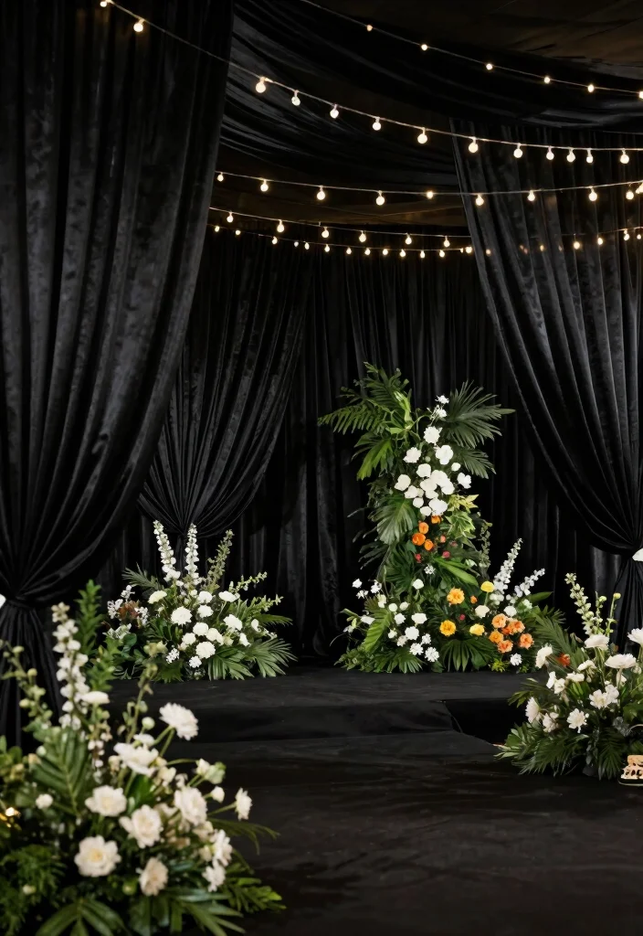 15 Luxurious Black Wedding Decor Ideas That Will Make Your Guests Go 'WOW!' (#5 Is a Must-See!) - 2. Dramatic Black Drapery 1