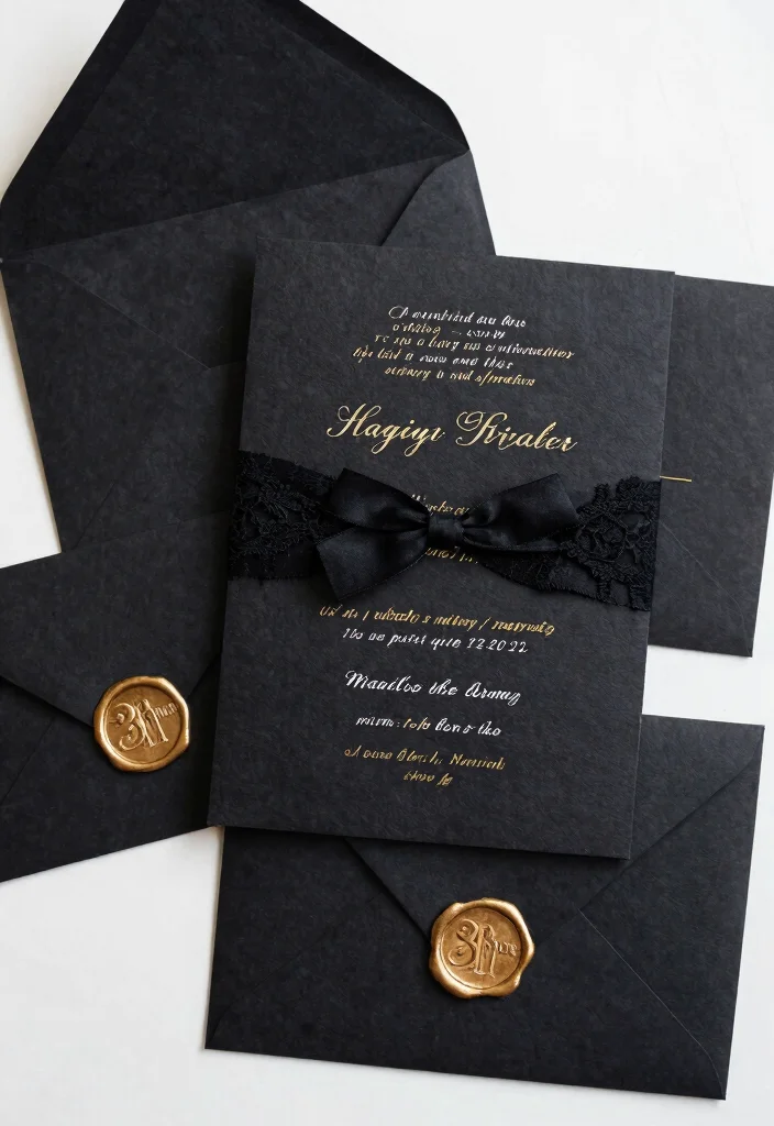 15 Luxurious Black Wedding Decor Ideas That Will Make Your Guests Go 'WOW!' (#5 Is a Must-See!) - 6. Elegant Black Wedding Invitations 1