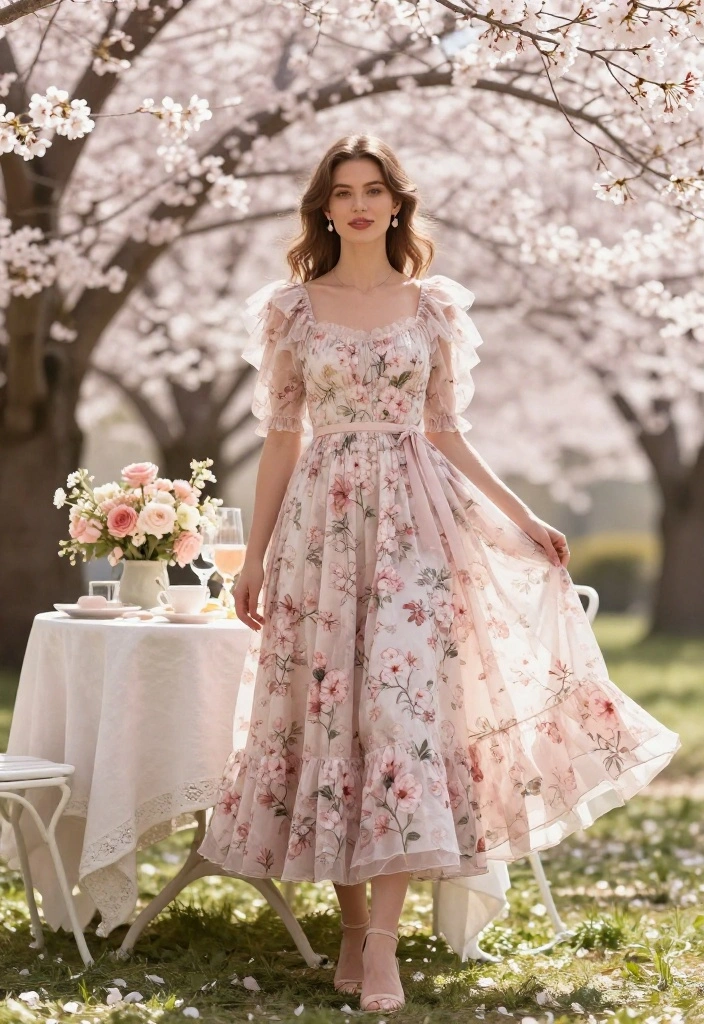 16 Gorgeous Cherry Blossom Dresses for Your Next Spring Gathering (Don’t Miss #3!) - 11. The Romantic Cherry Blossom Tea-Length Dress 1