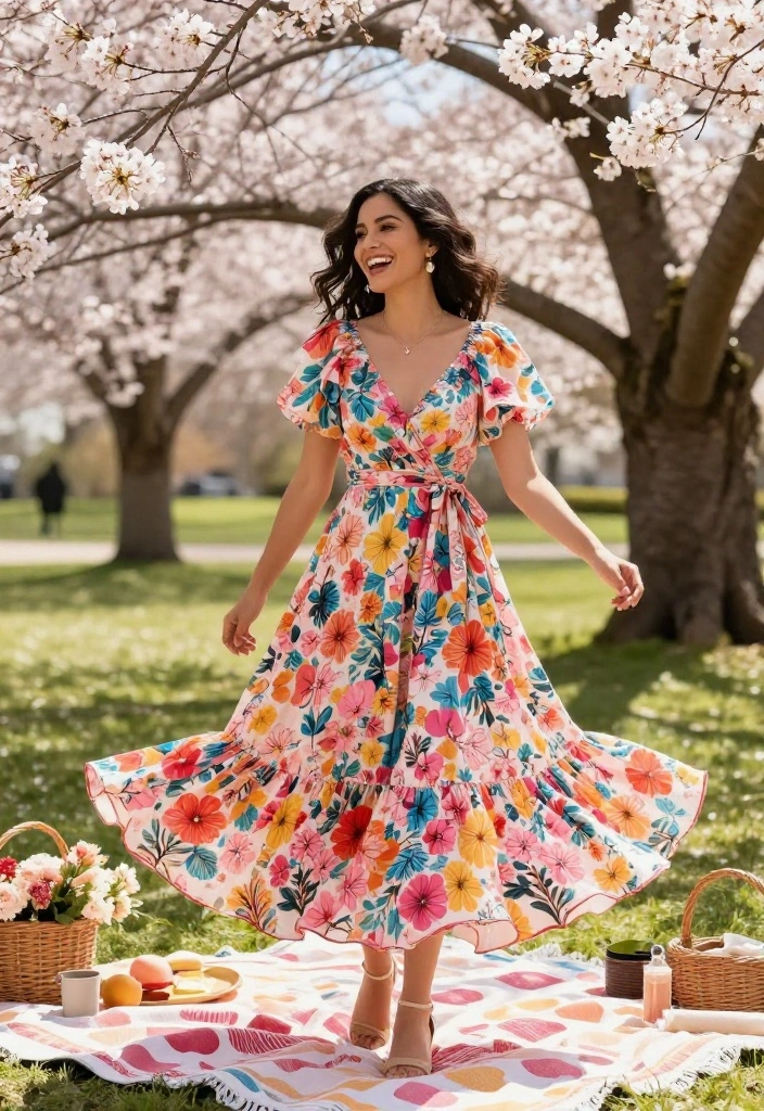 16 Gorgeous Cherry Blossom Dresses for Your Next Spring Gathering (Don’t Miss #3!) - 12. The Colorful Cherry Blossom Wrap and Flare Dress 1