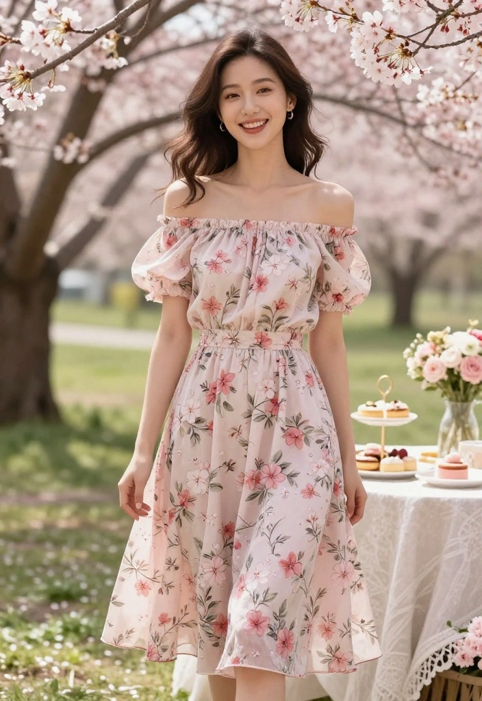 16 Gorgeous Cherry Blossom Dresses for Your Next Spring Gathering (Don’t Miss #3!) - 5. The Off-Shoulder Cherry Blossom Dress 1