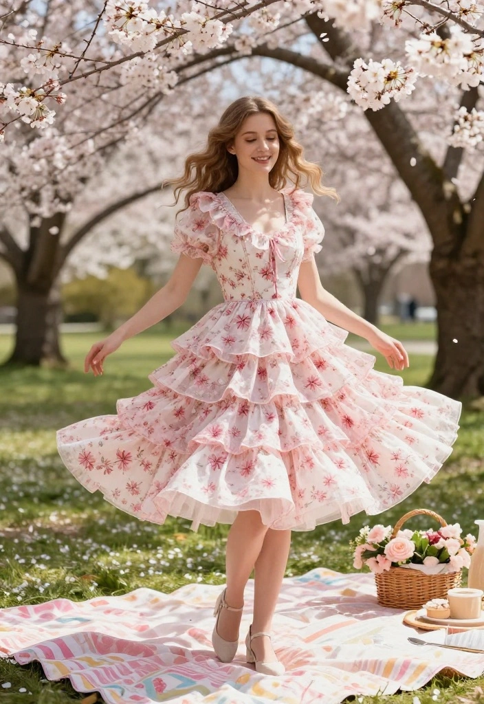16 Gorgeous Cherry Blossom Dresses for Your Next Spring Gathering (Don’t Miss #3!) - 7. The Cute Tiered Cherry Blossom Dress 1