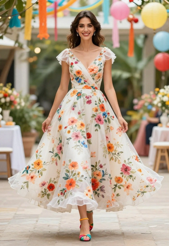 18 Colorful Floral Wedding Gowns to Brighten Your Big Day (Get Ready to Love #3!) - 13. Playful Tea-Length Floral Dresses 1