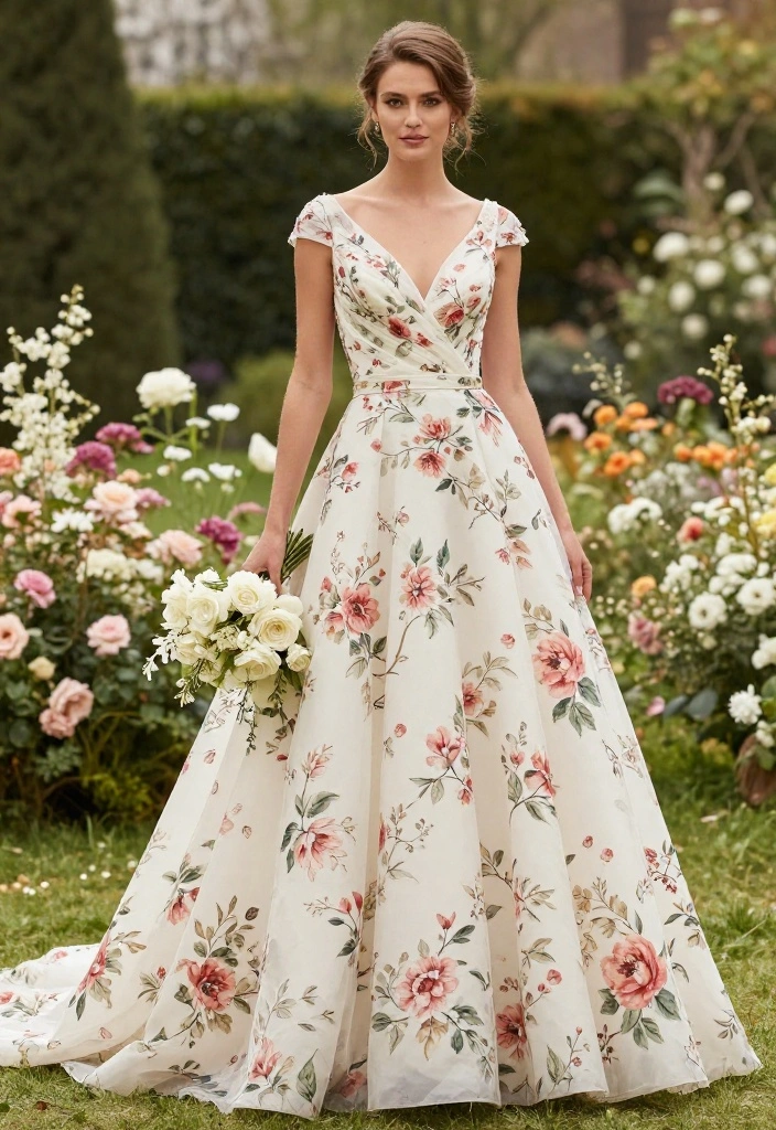 18 Colorful Floral Wedding Gowns to Brighten Your Big Day (Get Ready to Love #3!) - 16. Floral Prints on Classic Silhouettes 1