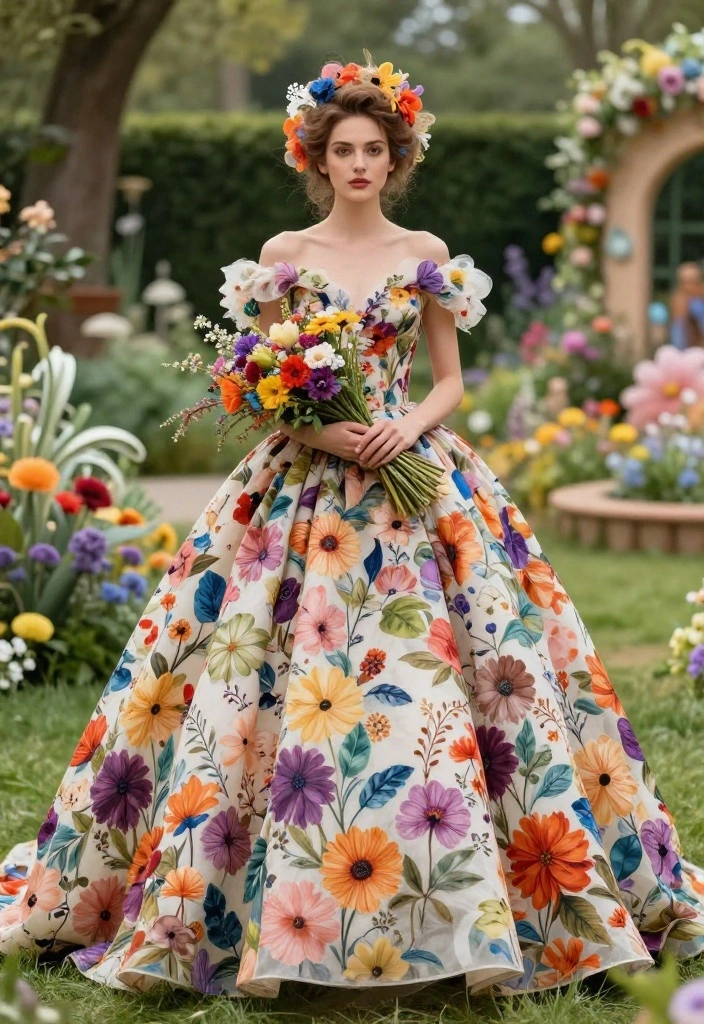 18 Colorful Floral Wedding Gowns to Brighten Your Big Day (Get Ready to Love #3!) - 17. Fantasy Floral Prints for a Unique Touch 1
