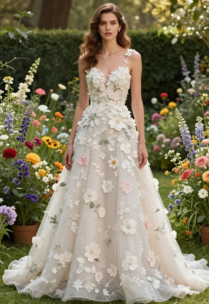 18 Colorful Floral Wedding Gowns to Brighten Your Big Day (Get Ready to Love #3!) - 7. Garden-Inspired Gowns with 3D Florals 1