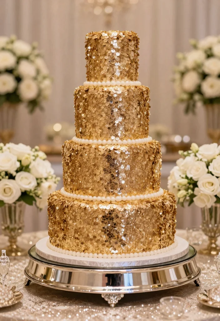 19 Glamorous Wedding Cake Designs That Will Make You Feel Like Royalty - 6. Sparkling Sequin Glam 1