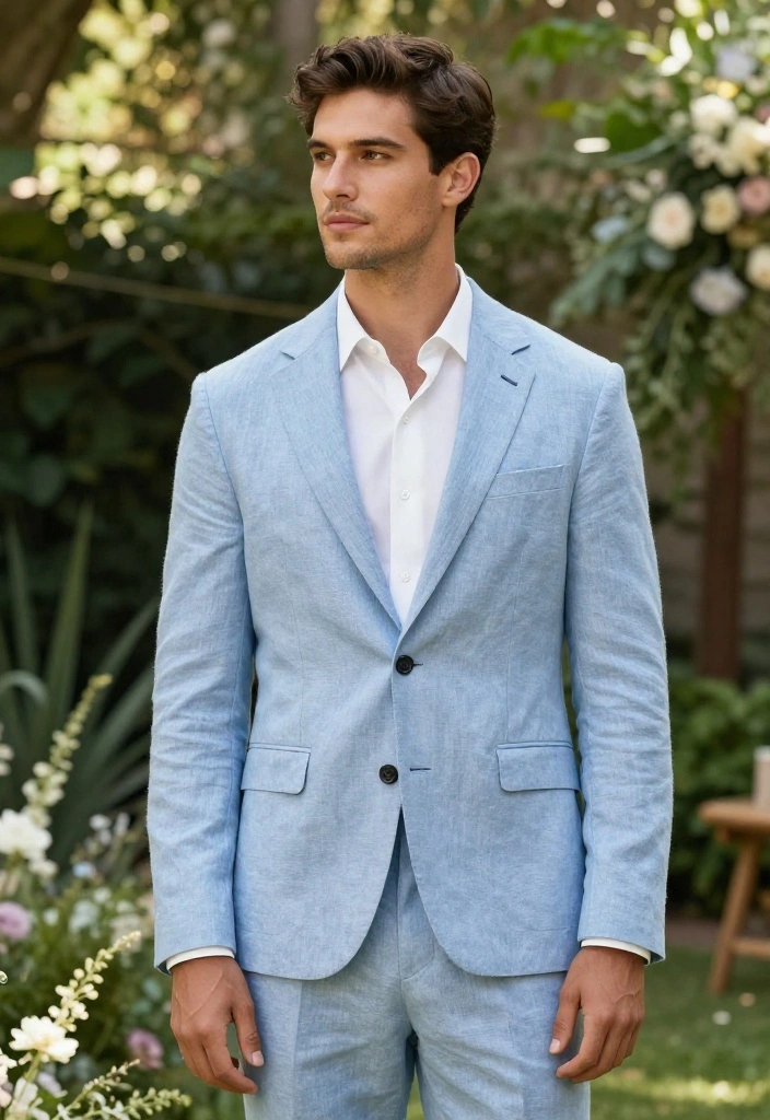 20 Groomsmen Attire Suggestions That Will Have Everyone Talking (Don't Miss #3!) - 3. Light Blue Linen Suits 1
