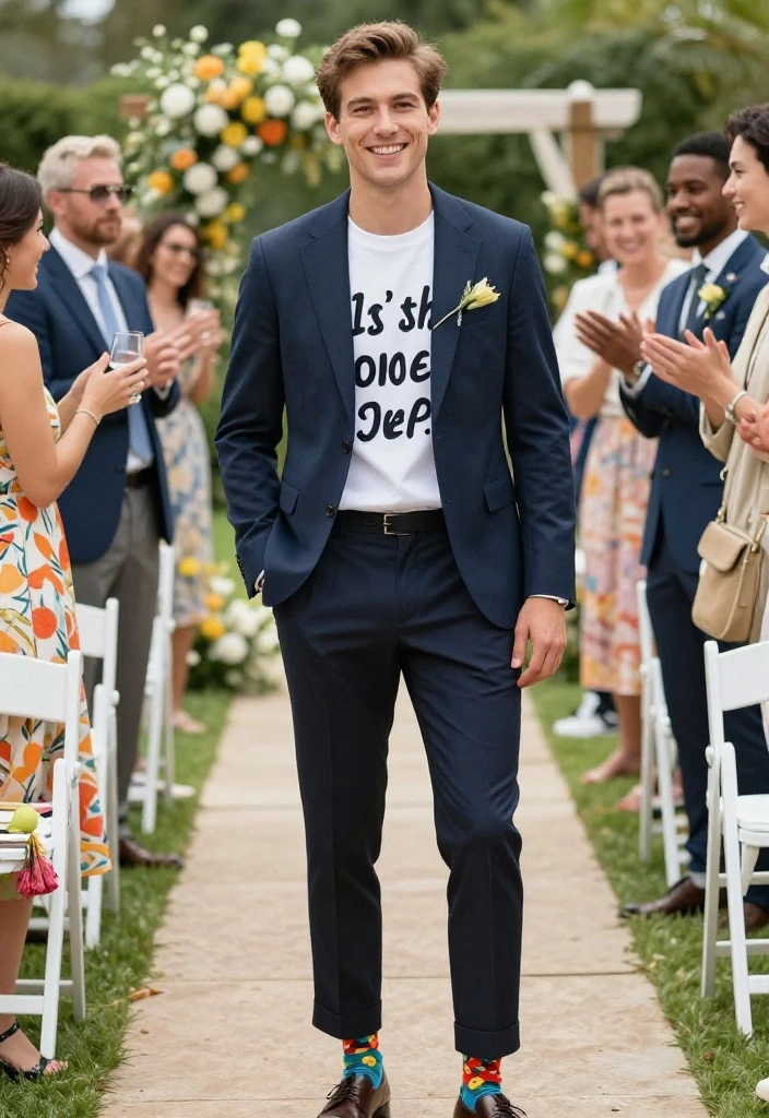 21 Modern Groom's Attire Styles That Redefine Wedding Fashion (Don’t Miss #5!) - 16. Playful Slogan T-Shirt 1