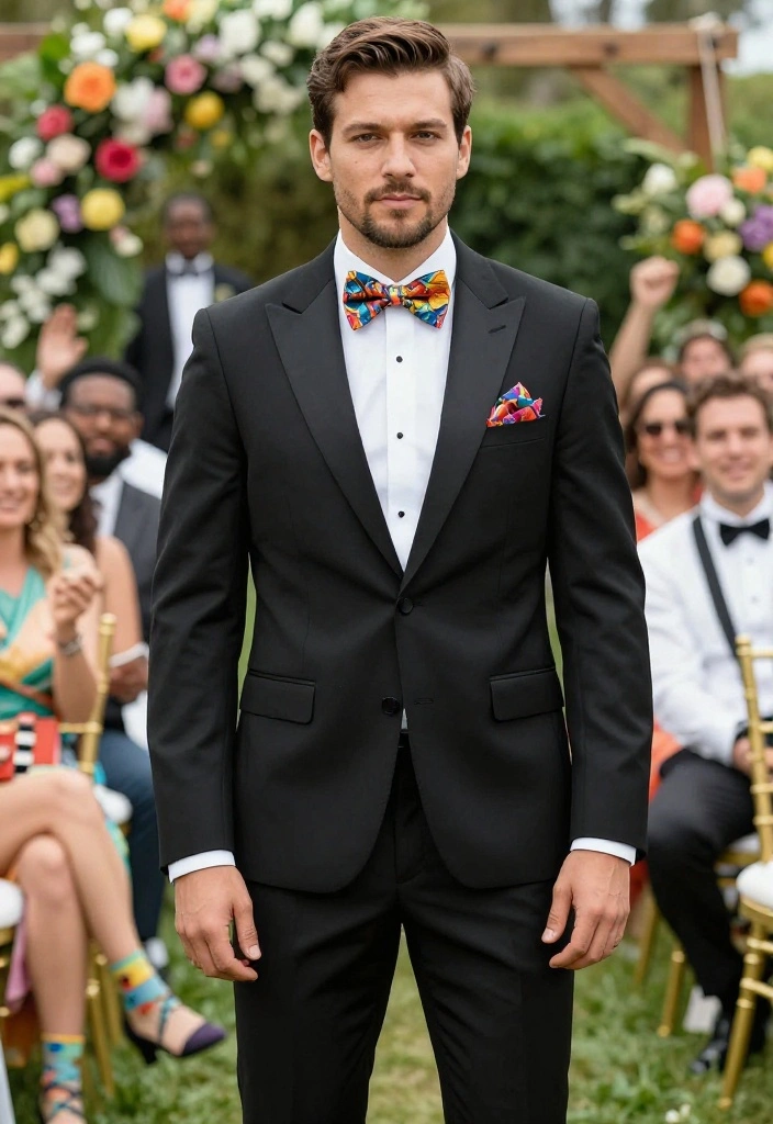 21 Modern Groom's Attire Styles That Redefine Wedding Fashion (Don’t Miss #5!) - 8. Colorful Bowtie and Accessories 1
