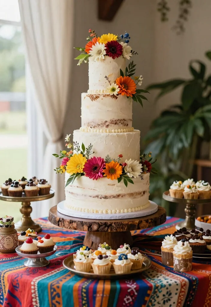 22 Bohemian Wedding Decor Ideas That Embrace Your Free Spirit - 16. Bold Cake Displays 1
