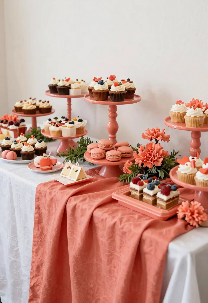 25 Stunning Coral Wedding Accents That Will Make Your Day Unforgettable! - 12. Coral Dessert Table Accents 1