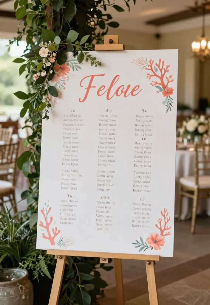 25 Stunning Coral Wedding Accents That Will Make Your Day Unforgettable! - 5. Coral Seating Chart 1