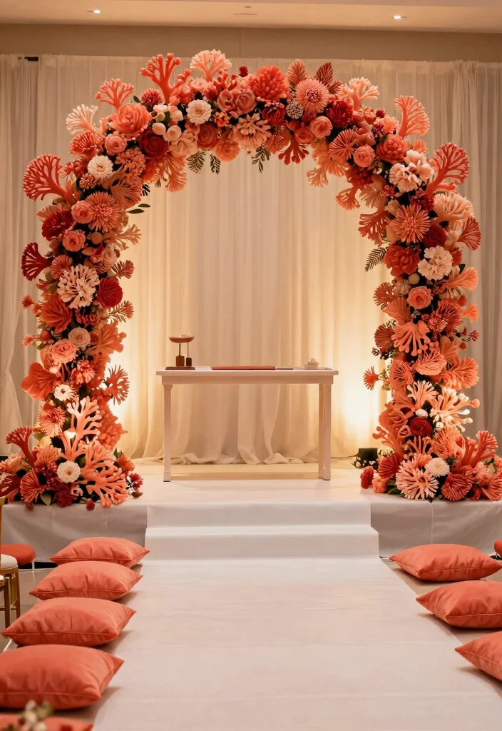 25 Stunning Coral Wedding Accents That Will Make Your Day Unforgettable! - 7. Coral Ceremony Decor 1