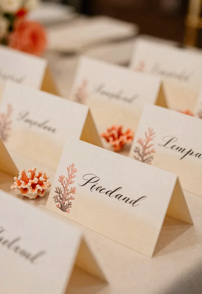 25 Stunning Coral Wedding Accents That Will Make Your Day Unforgettable! - 9. Coral Table Name Cards 1