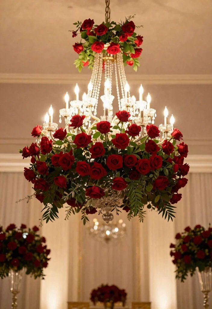 25 Stunning Red Roses Wedding Decorations That Will Leave Your Guests Breathless (You Won't Believe #12!) - 12. Dazzling Chandelier Décor 1