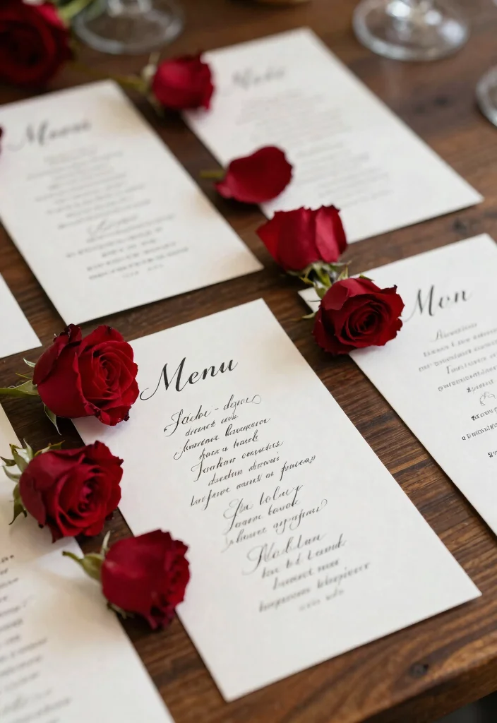 25 Stunning Red Roses Wedding Decorations That Will Leave Your Guests Breathless (You Won't Believe #12!) - 17. Rose-Framed Menu Cards 1