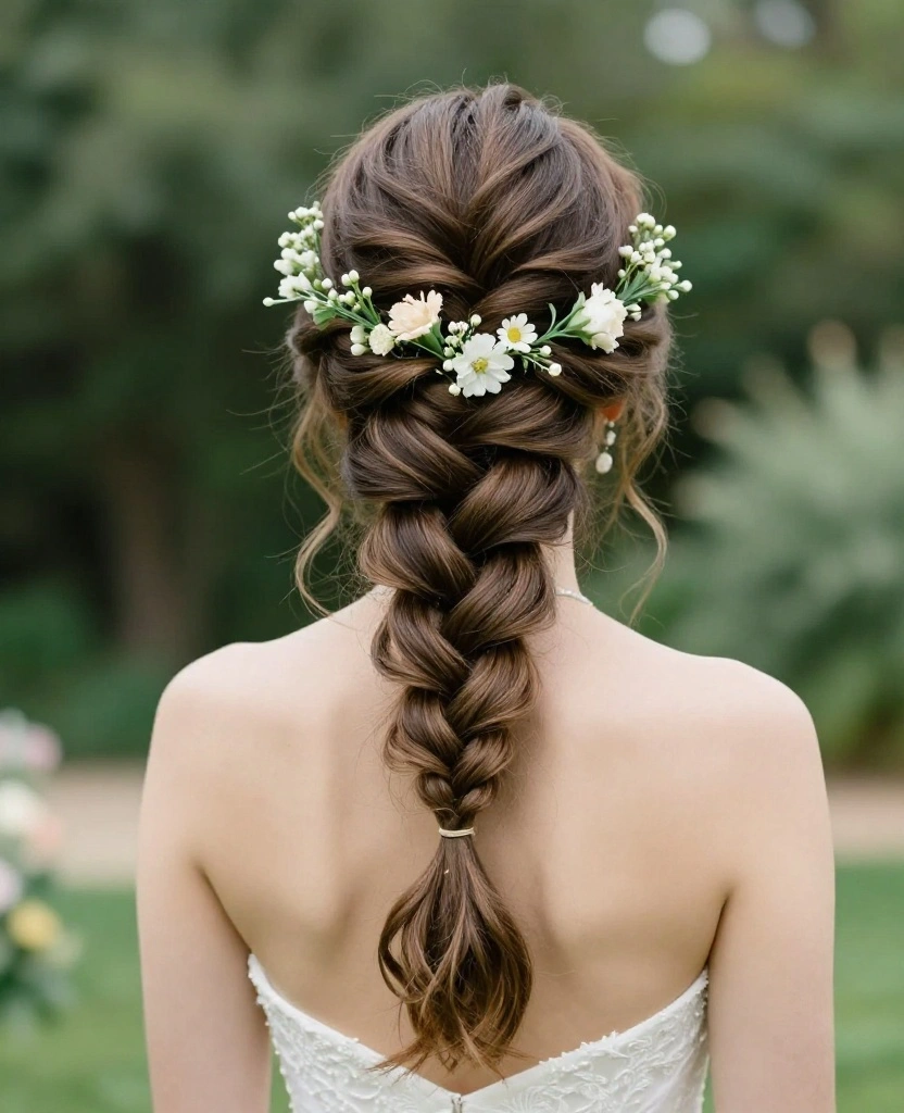 10 Gorgeous Romantic Wedding Updos for Long Hair to Dazzle Your Big Day - 1. Cascading Braids with Floral Accents 1
