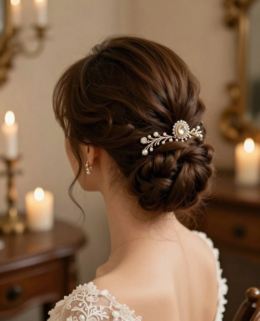 10 Gorgeous Romantic Wedding Updos for Long Hair to Dazzle Your Big Day - 10. Romantic Updo with Vintage Brooch 1