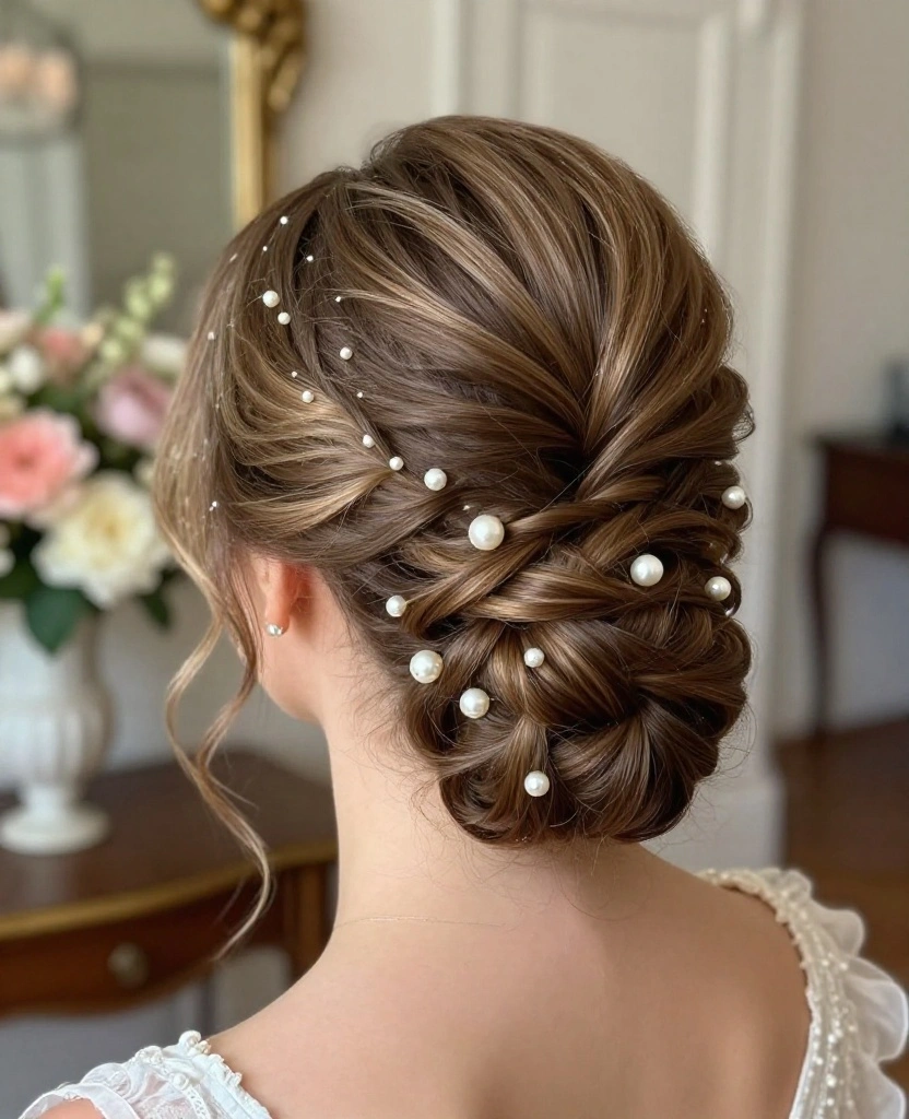 10 Gorgeous Romantic Wedding Updos for Long Hair to Dazzle Your Big Day - 2. Twisted Chignon with Pearl Accents 1