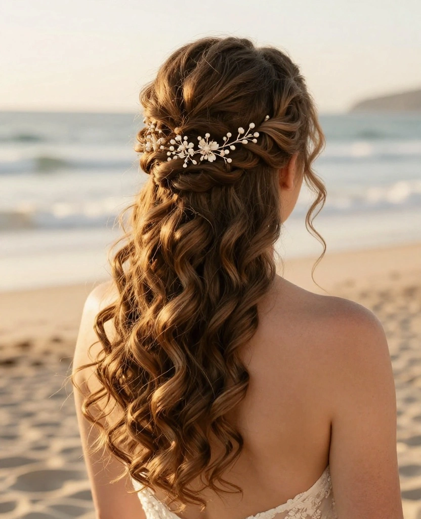 10 Gorgeous Romantic Wedding Updos for Long Hair to Dazzle Your Big Day - 3. Loose Curls with a Romantic Half-Up Twist 1