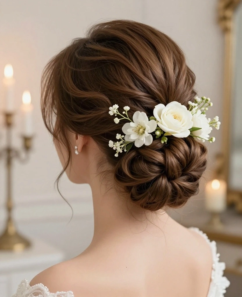 10 Gorgeous Romantic Wedding Updos for Long Hair to Dazzle Your Big Day - 8. Romantic Bouffant with Flowers 1