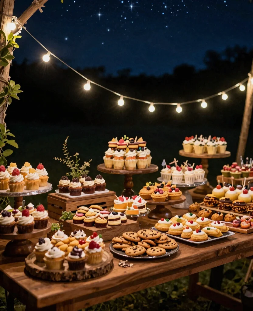 10 Simple Outdoor Wedding Reception Ideas for a Magical Celebration Under the Stars - 6. Starry Night Dessert Bar 1
