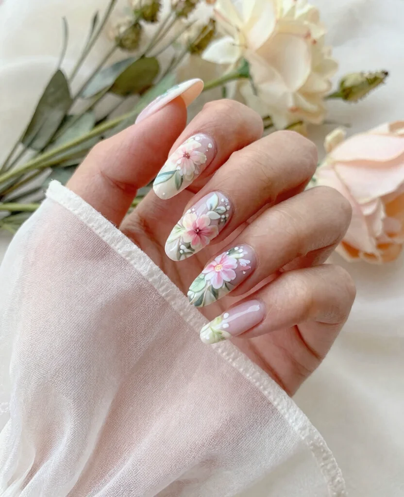 10 Stunning Wedding Nails Designs to Elevate Your Bridal Look on Your Big Day - 3. Romantic Floral Patterns 1