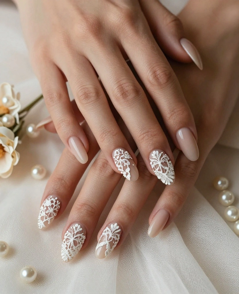 10 Stunning Wedding Nails Designs to Elevate Your Bridal Look on Your Big Day - 9. Delicate Lace Inlay 1