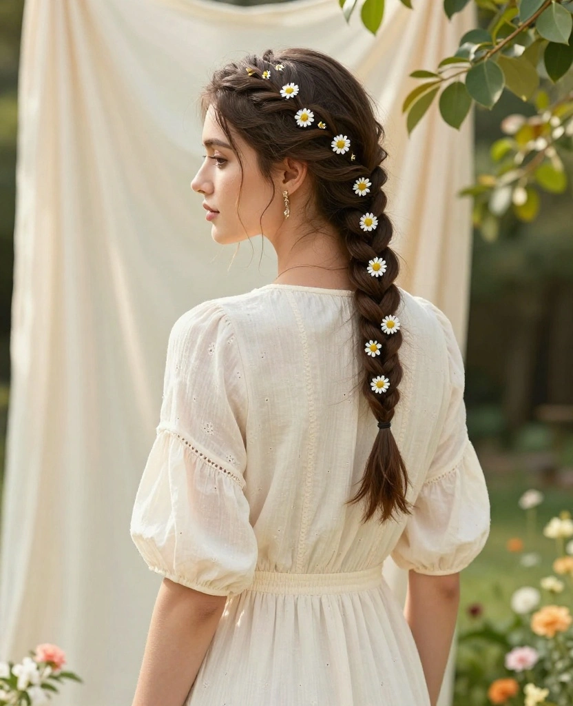 Bohemian Bride Hair Styling Ideas to Shine on Your Special Day - 6. Fishtail Braid with Daisies 1