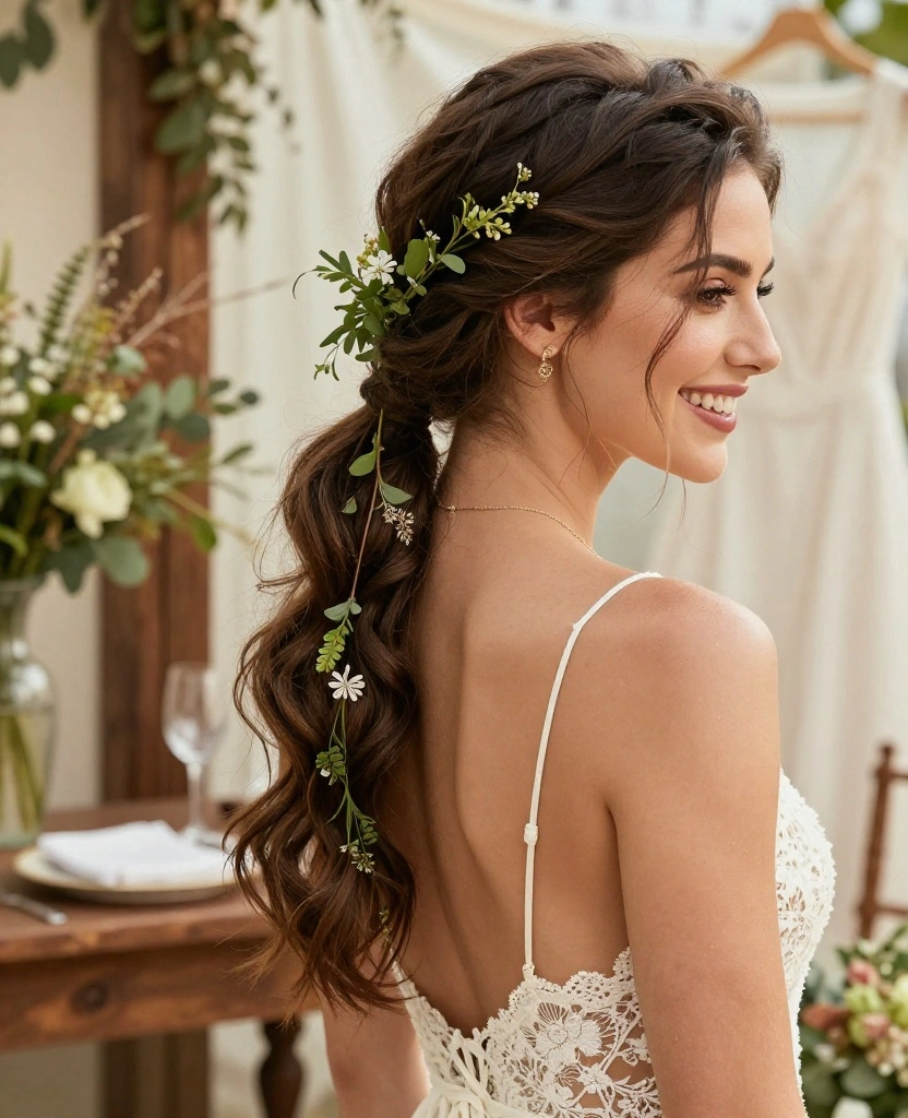 Bohemian Bride Hair Styling Ideas to Shine on Your Special Day - 8. Twisted Ponytail with Greenery 1