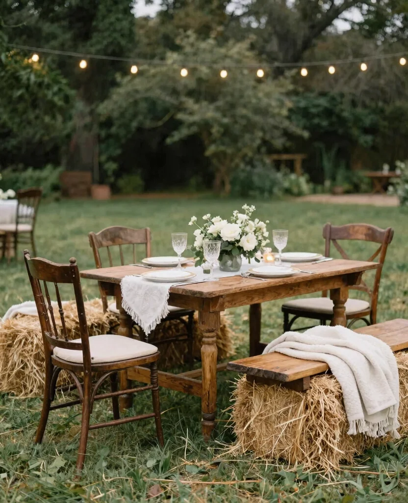 Charming Ideas for Elegant Outdoor Wedding Decorations to Create Romantic Vibes - 4. Rustic-Chic Seating Options 1