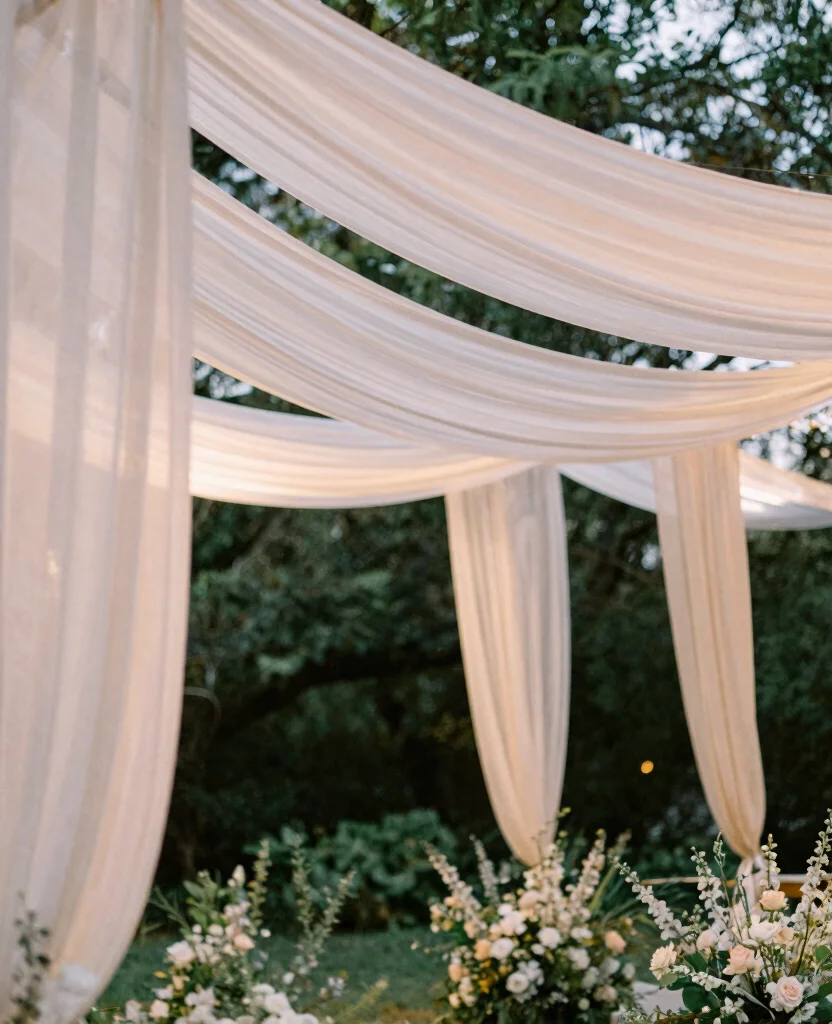 Charming Ideas for Elegant Outdoor Wedding Decorations to Create Romantic Vibes - 7. Draping Fabrics and Canopies 1