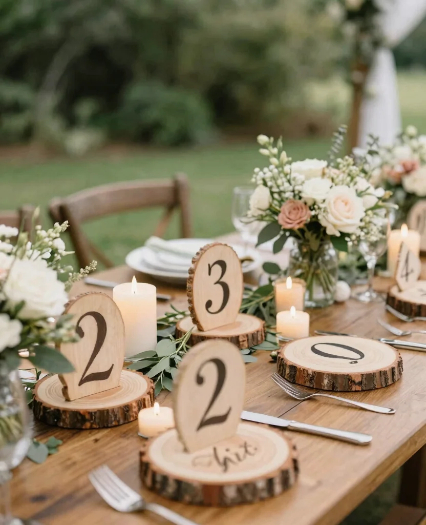 Charming Ideas for Elegant Outdoor Wedding Decorations to Create Romantic Vibes - 8. Rustic Table Numbers 1