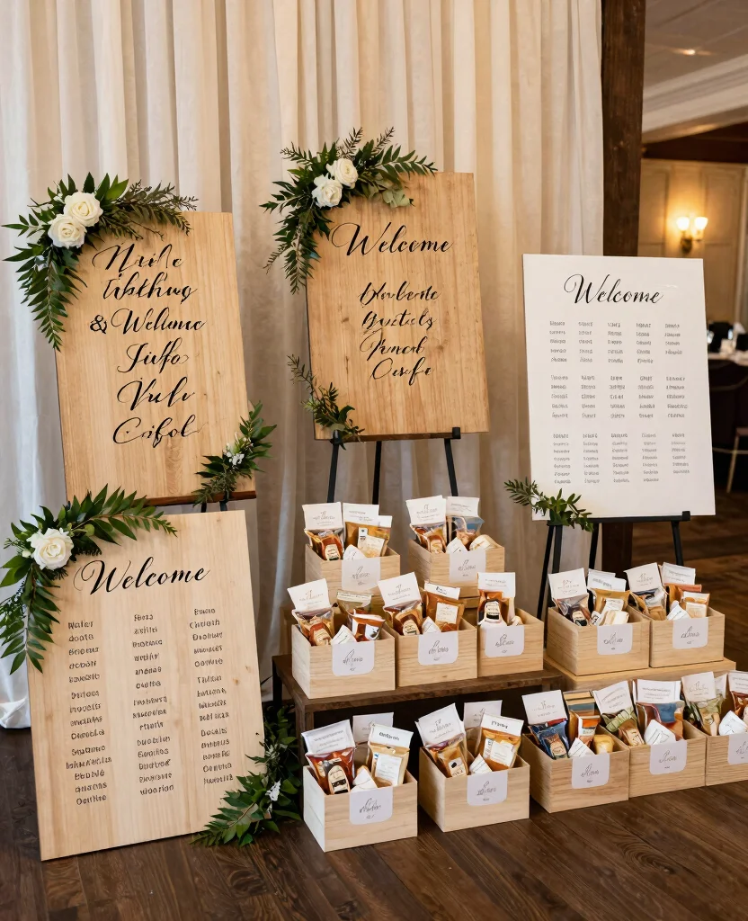 Dreamy Destination Wedding Reception Decor Ideas to Enchant Your Guests - 5. Personalized Signage and Favors 1