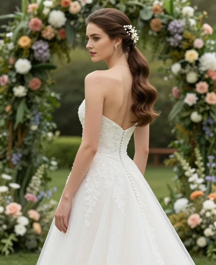 Elevate Your Look: Chic Sleek Ponytail Wedding Hairstyles for Modern Brides - 5. Sleek Ponytail with a Floral Accents 1