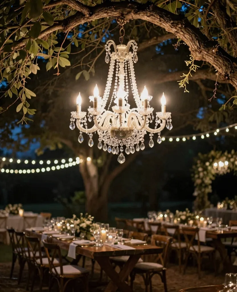 Enchanting Boho Outdoor Wedding Reception Lighting Ideas to Create Magical Evenings - 5. Beautiful Chandeliers 1
