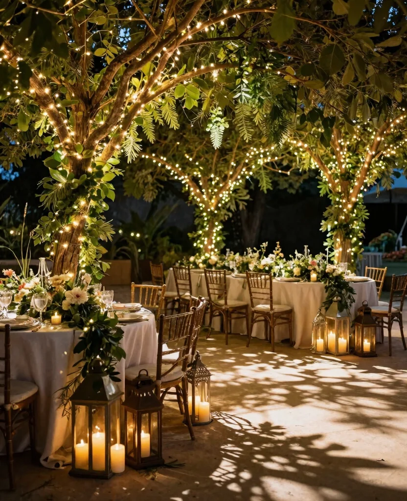 Enchanting Boho Outdoor Wedding Reception Lighting Ideas to Create Magical Evenings - 6. Natural Foliage Accents 1