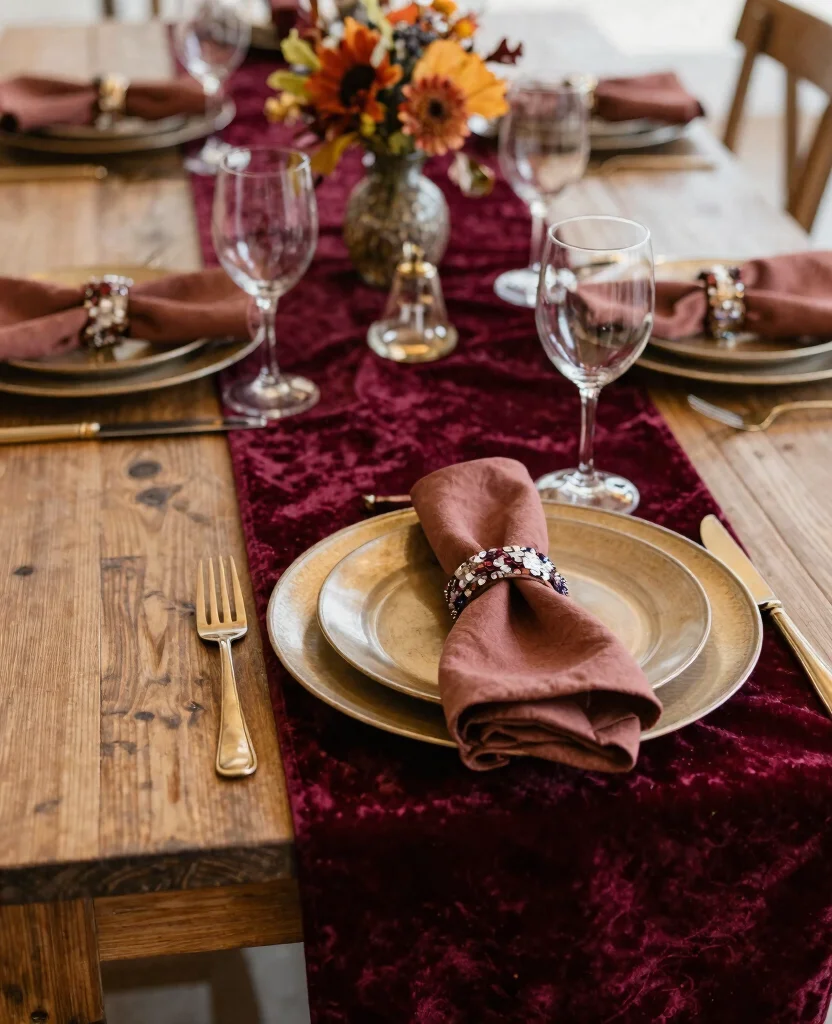 Enchanting Fall Wedding Table Decorations to Embrace Autumn's Rich Colors - 4. Emphasizing Textures with Fabrics 1