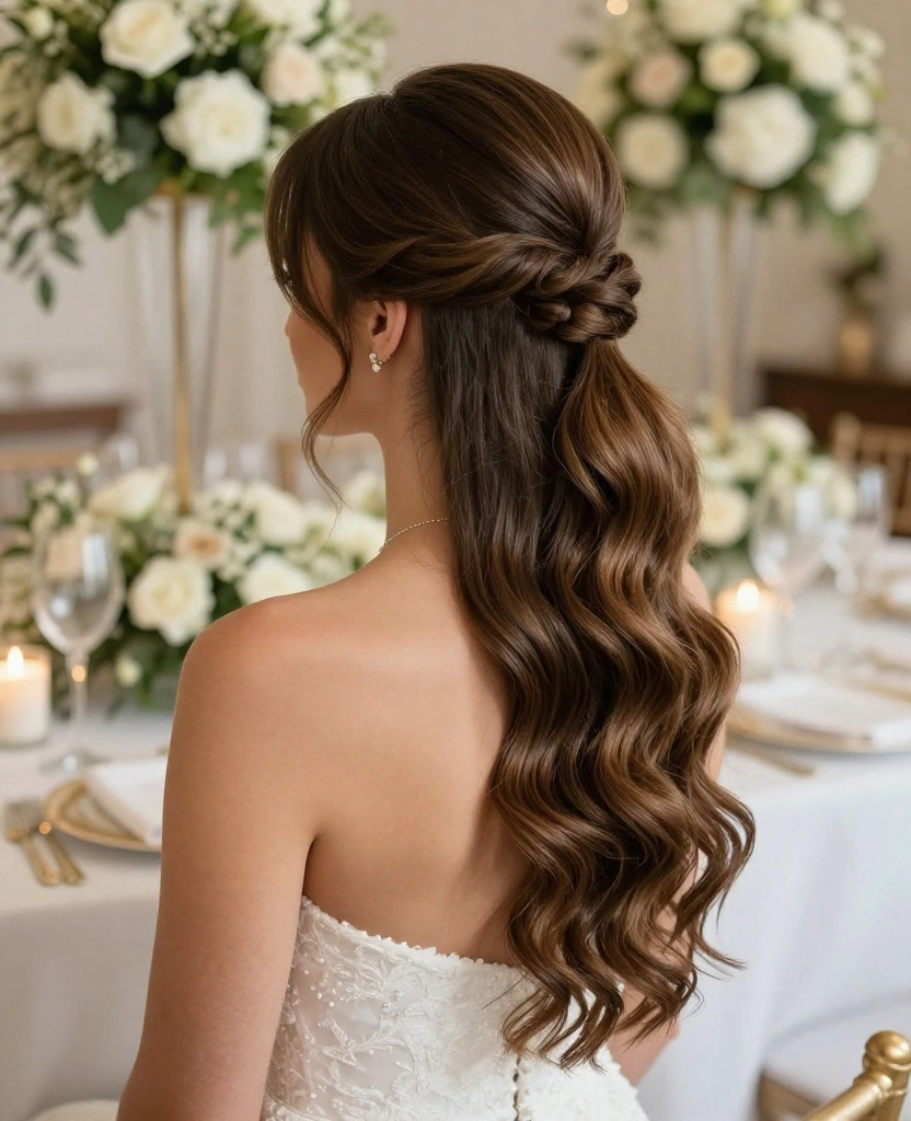 Enchanting Half Up Half Down Wedding Hairstyles for a Romantic Bridal Look - 5. Half Up Ponytail with a Twist 1