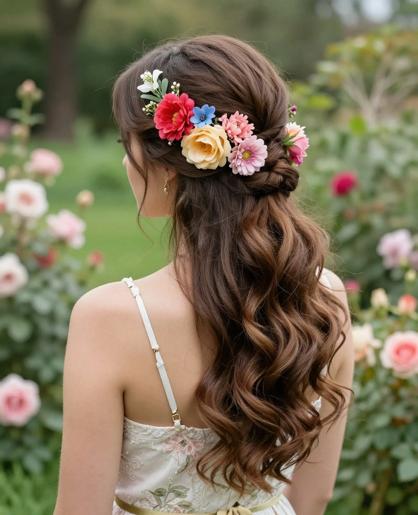 Enchanting Half Up Half Down Wedding Hairstyles for a Romantic Bridal Look - 7. Floral Accents in Half Up Styles 1