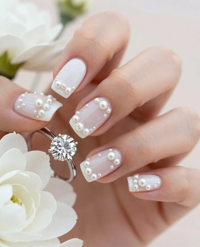 Simple and Elegant Wedding Nails Ideas for Every Bride's Perfect Day - 10. Timeless Pearl Accents 1