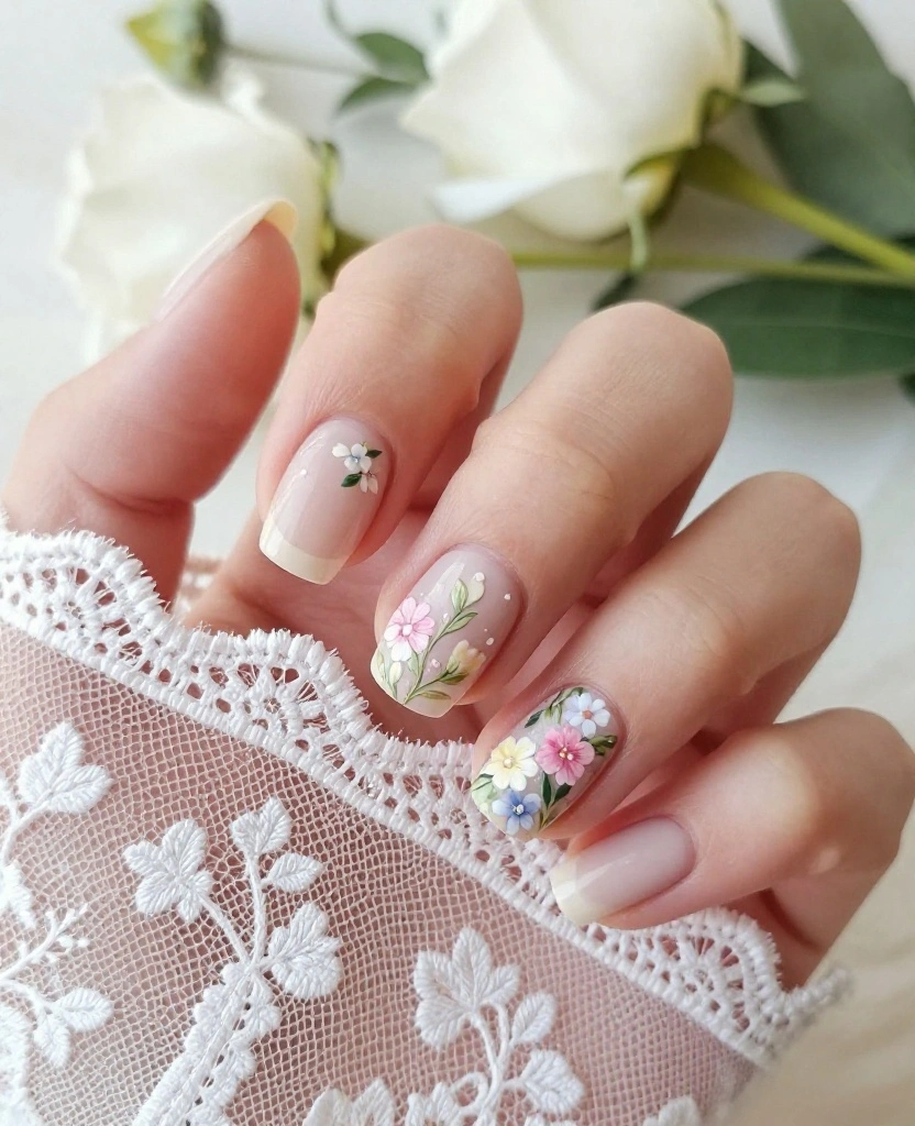 Simple and Elegant Wedding Nails Ideas for Every Bride's Perfect Day - 4. Delicate Floral Accents 1