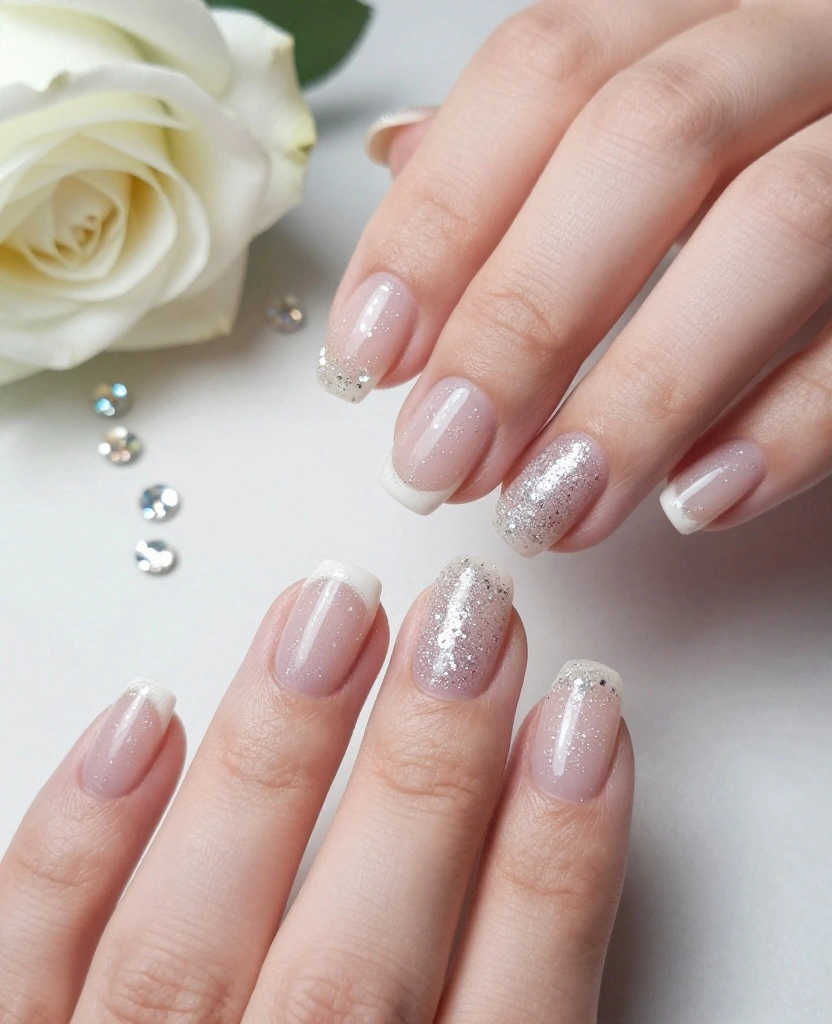 Simple and Elegant Wedding Nails Ideas for Every Bride's Perfect Day - 5. Soft Glitter Glam 1
