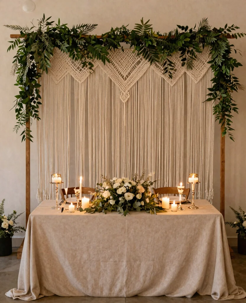 Stunning Bohemian Wedding Reception Decorations for a Dreamy Celebration - 4. Macramé Accents and Backdrops 1
