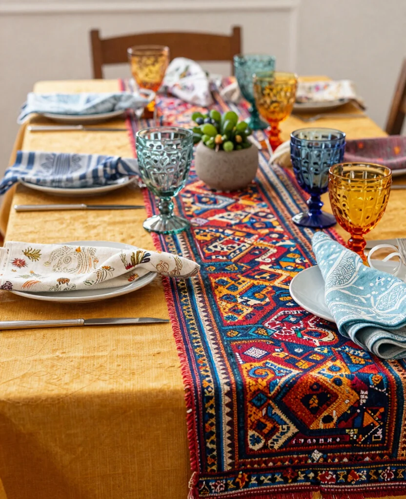 Stunning Bohemian Wedding Reception Decorations for a Dreamy Celebration - 8. Colorful Table Linens and Textiles 1