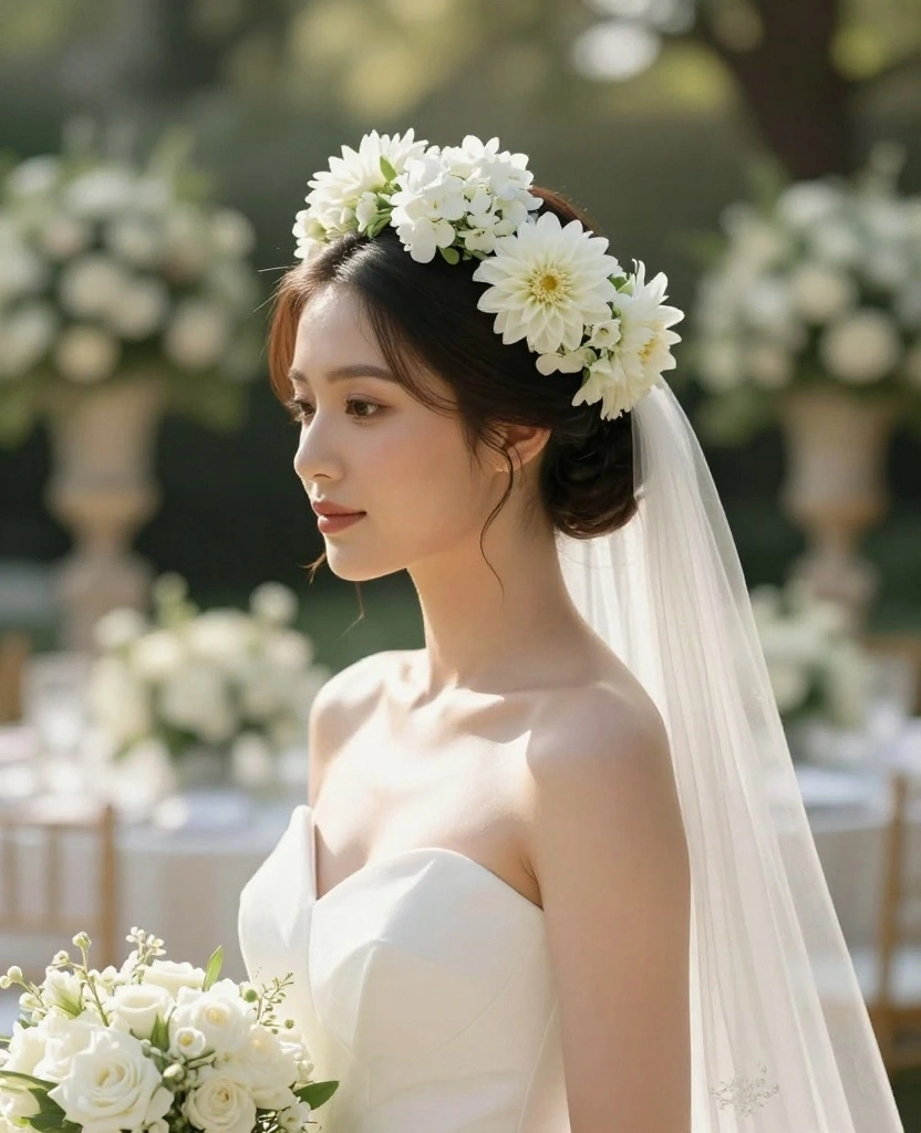 Stunning Floral Wedding Hair with Veil Ideas to Elevate Your Bridal Style - 2. Elegant Updo with Garden Blooms 1