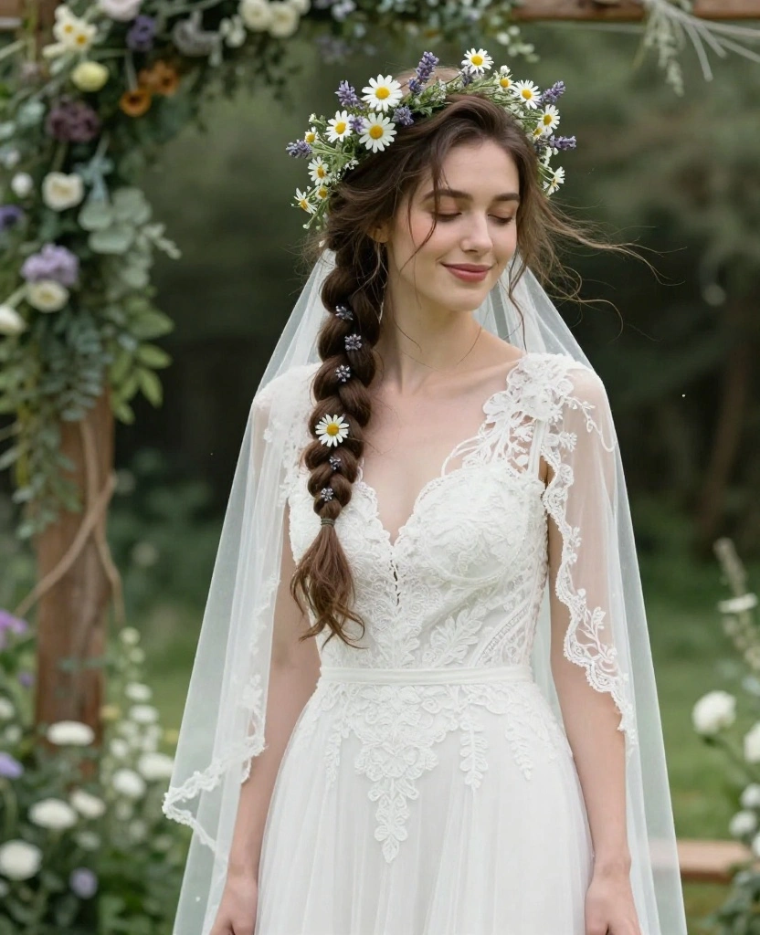Stunning Floral Wedding Hair with Veil Ideas to Elevate Your Bridal Style - 3. Bohemian Braids with Wildflowers 1